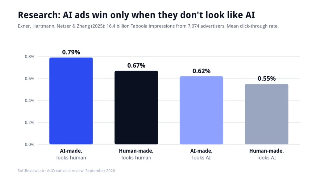 AdCreative.ai review chart of research on AI ad click-through rates by perceived origin