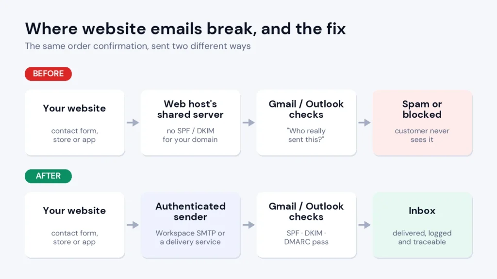 Why Your Website Emails Go to Spam or Never Arrive (and How to Fix It) 1 Diagram of why website emails go to spam and how authenticated sending fixes it