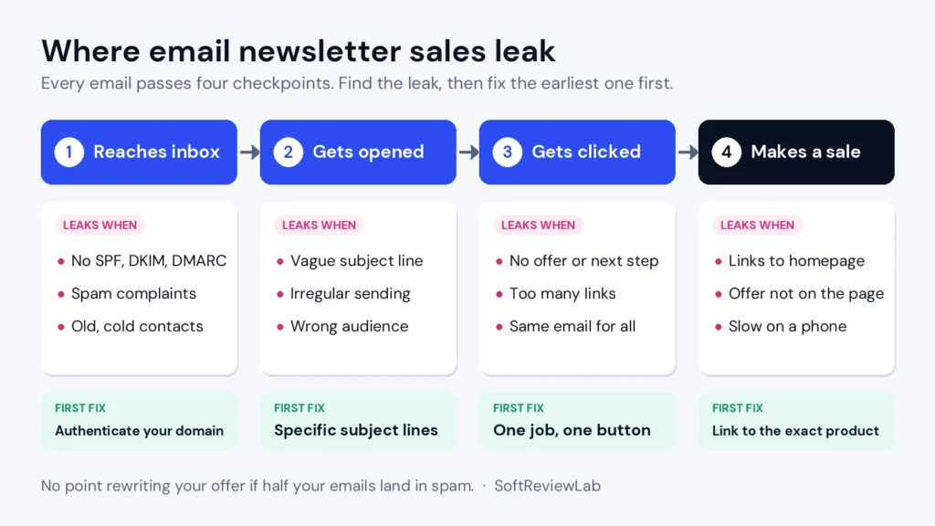 Why Is My Email Marketing Not Working? How to Turn Your Newsletter Into Sales 1 Why is my email marketing not working: where newsletter sales leak across inbox, opens, clicks and purchases, with the first fix for each