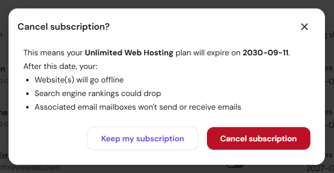 Hostinger auto-renewal: warning shown before cancelling the web hosting subscription