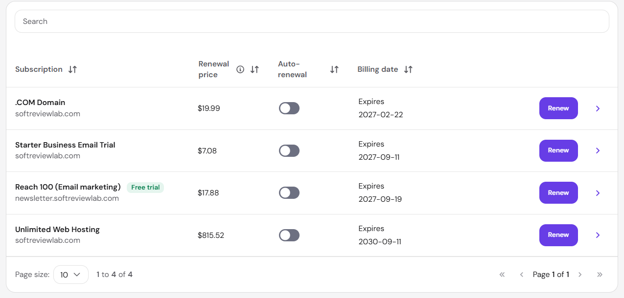 Hostinger auto-renewal switched off for all subscriptions, each showing its expiry date