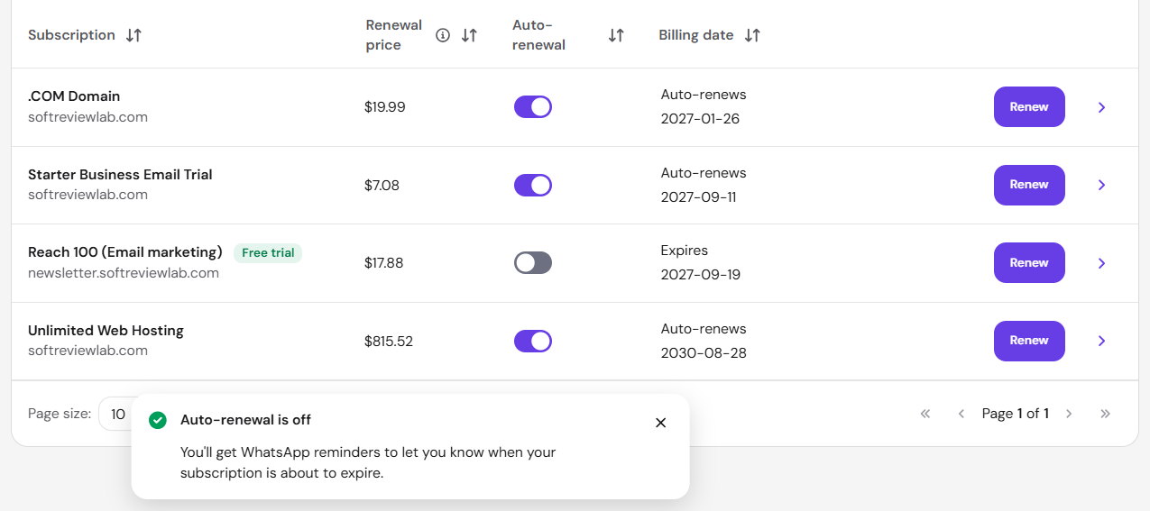 Hostinger auto-renewal switched off for one subscription only, with the others still set to renew
