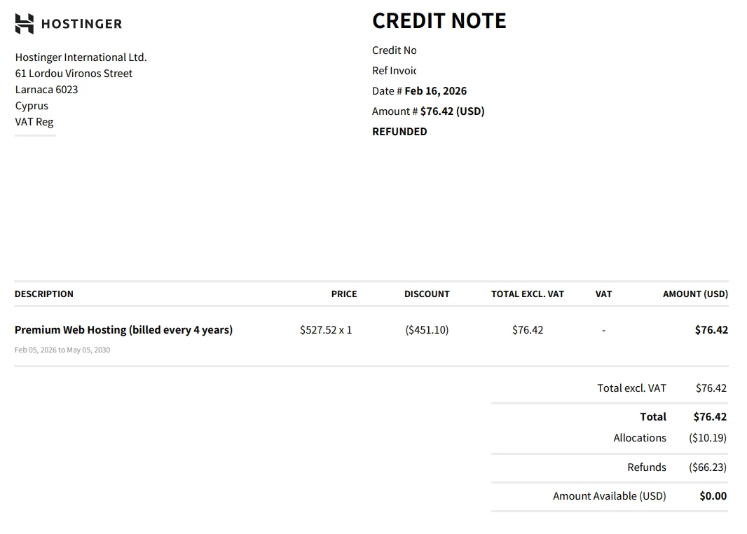 Hostinger refund policy in practice: credit note showing the hosting refund with the free domain cost deducted