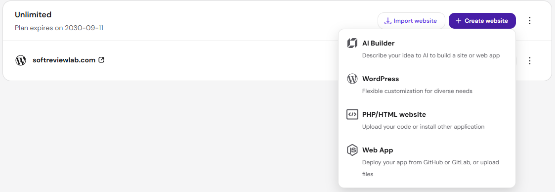 Hostinger review: options for adding a website on the Unlimited plan, including WordPress, PHP/HTML and web apps from GitHub