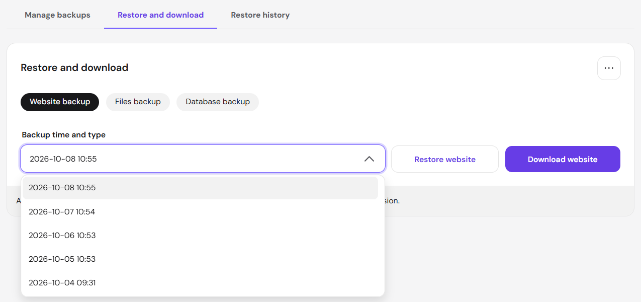 Hostinger review: daily backups for this site with restore points for the last five days
