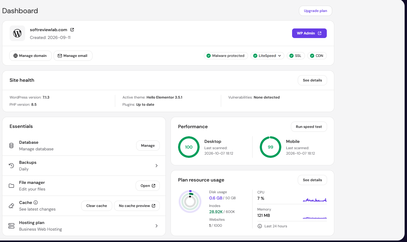 Hostinger review: hPanel dashboard for softreviewlab.com on the Unlimited web hosting plan
