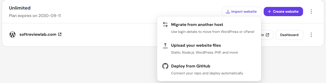 Hostinger review: import website options, including migration from another host, file upload and deploy from GitHub