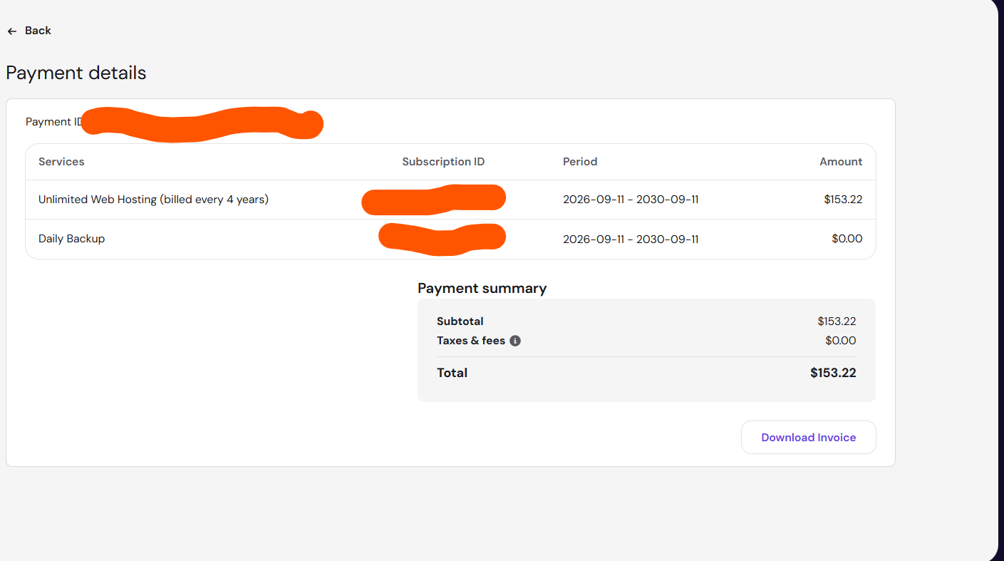 Hostinger review: payment details for the Unlimited web hosting plan billed every 4 years