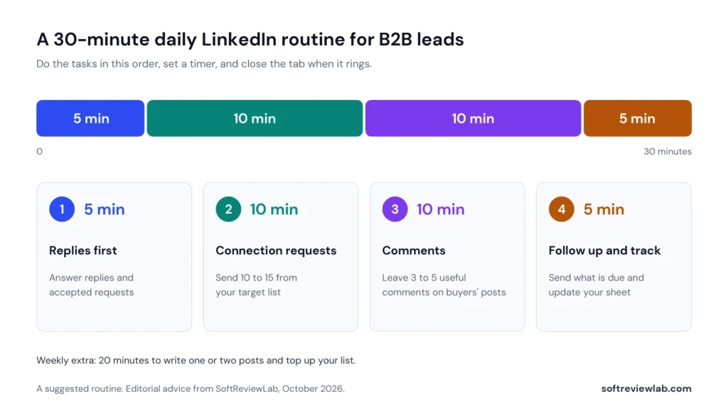 How to Get B2B Leads From LinkedIn Without Spending All Day on It 1 How to get B2B leads from LinkedIn with a 30-minute daily routine: replies, connection requests, comments and follow-ups