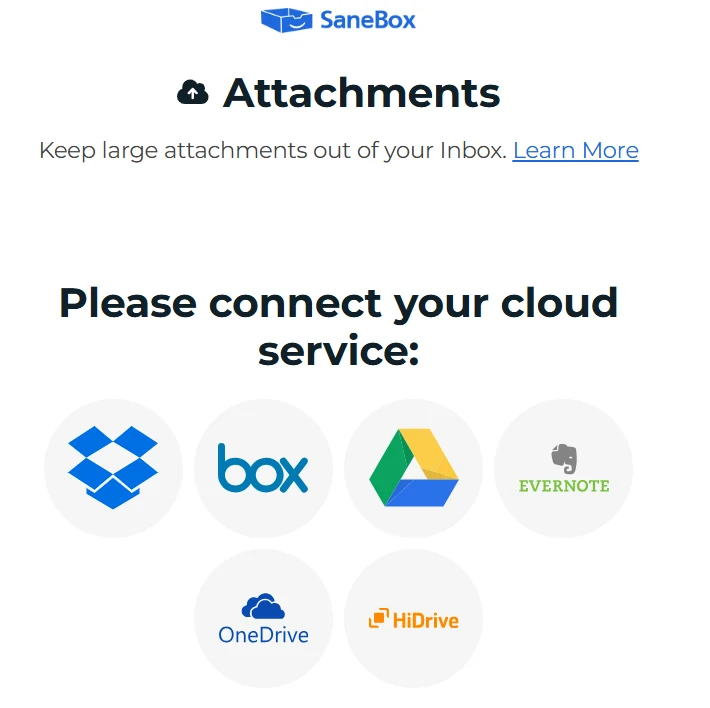 SaneBox review: Attachments page asking to connect Dropbox, Box, Google Drive, Evernote, OneDrive or HiDrive