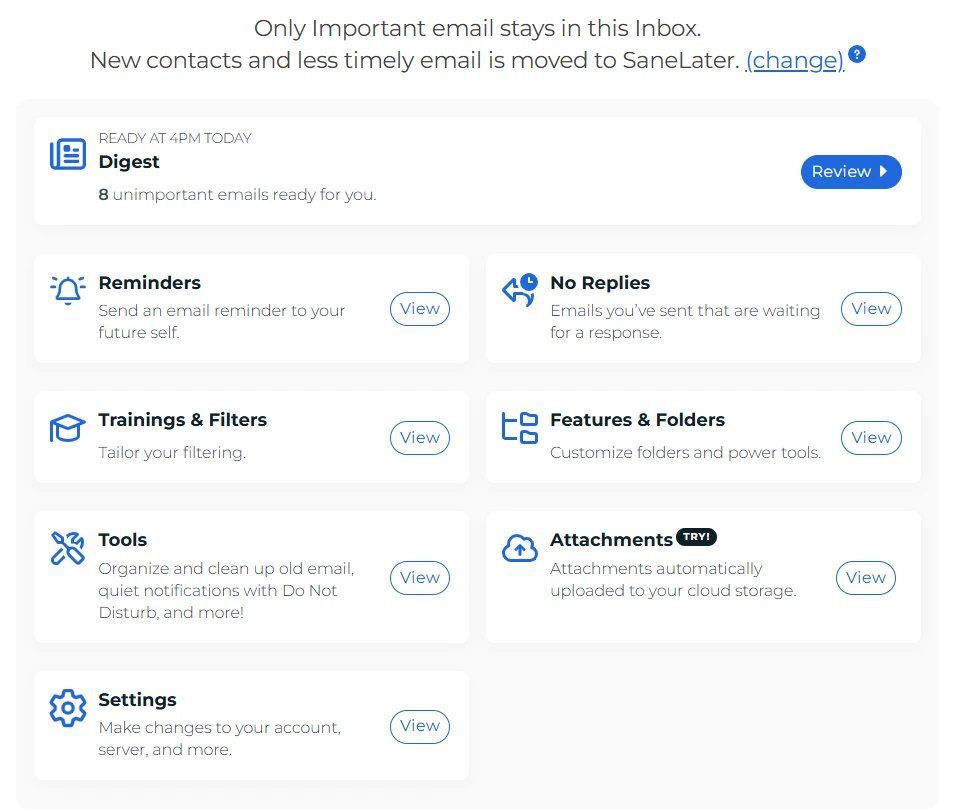 SaneBox review: dashboard with Digest, Reminders, No Replies, Trainings and Filters, Features and Folders, Tools, Attachments and Settings