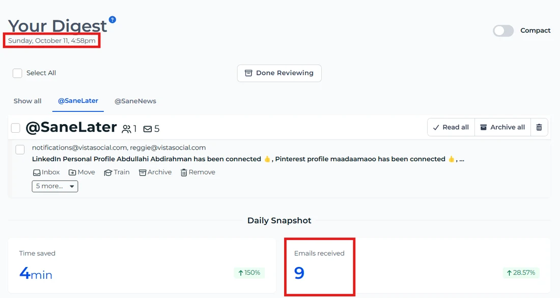 SaneBox review: digest showing emails sorted into SaneLater and a daily snapshot