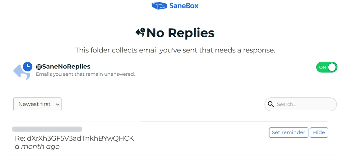 SaneBox review: the No Replies folder collecting sent email that is waiting for a response