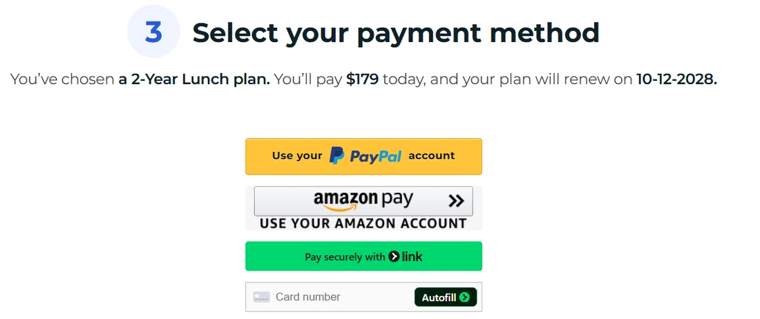 SaneBox review: checkout for a 2-year Lunch plan with PayPal, Amazon Pay, Link and card payment options