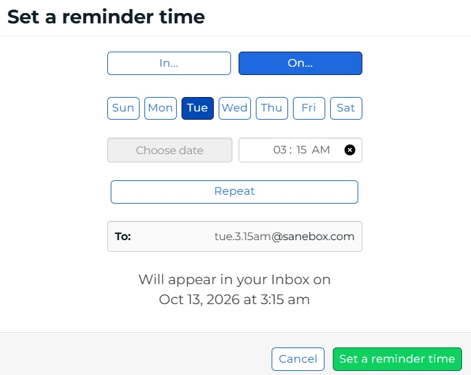 SaneBox review: setting a reminder for Tuesday at 3:15 am with a tue.3.15am address