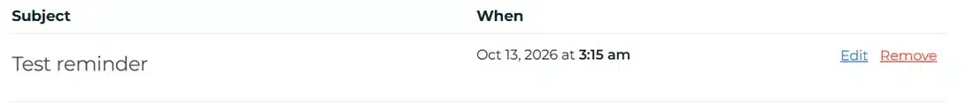 SaneBox review: Reminders list showing a test reminder with its subject and return time, with Edit and Remove links