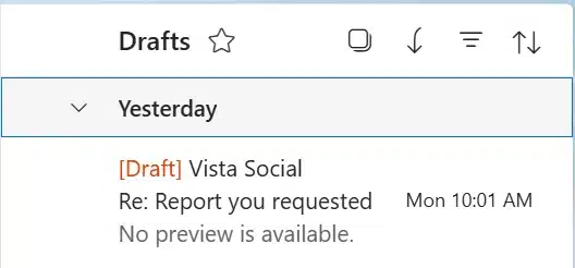 SaneBox review: email Drafts folder showing a reply draft created by SaneBox, marked [Draft], for an email from Vista Social