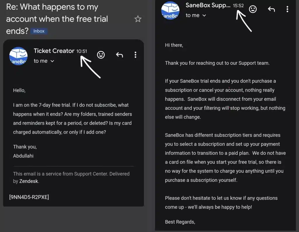 SaneBox review: support question about the end of the free trial and SaneBox reply confirming no card is on file