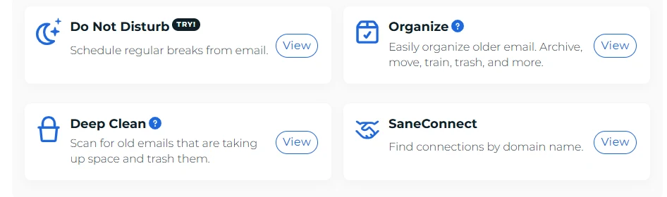SaneBox review: tools page with Do Not Disturb, Organize, Deep Clean and SaneConnect