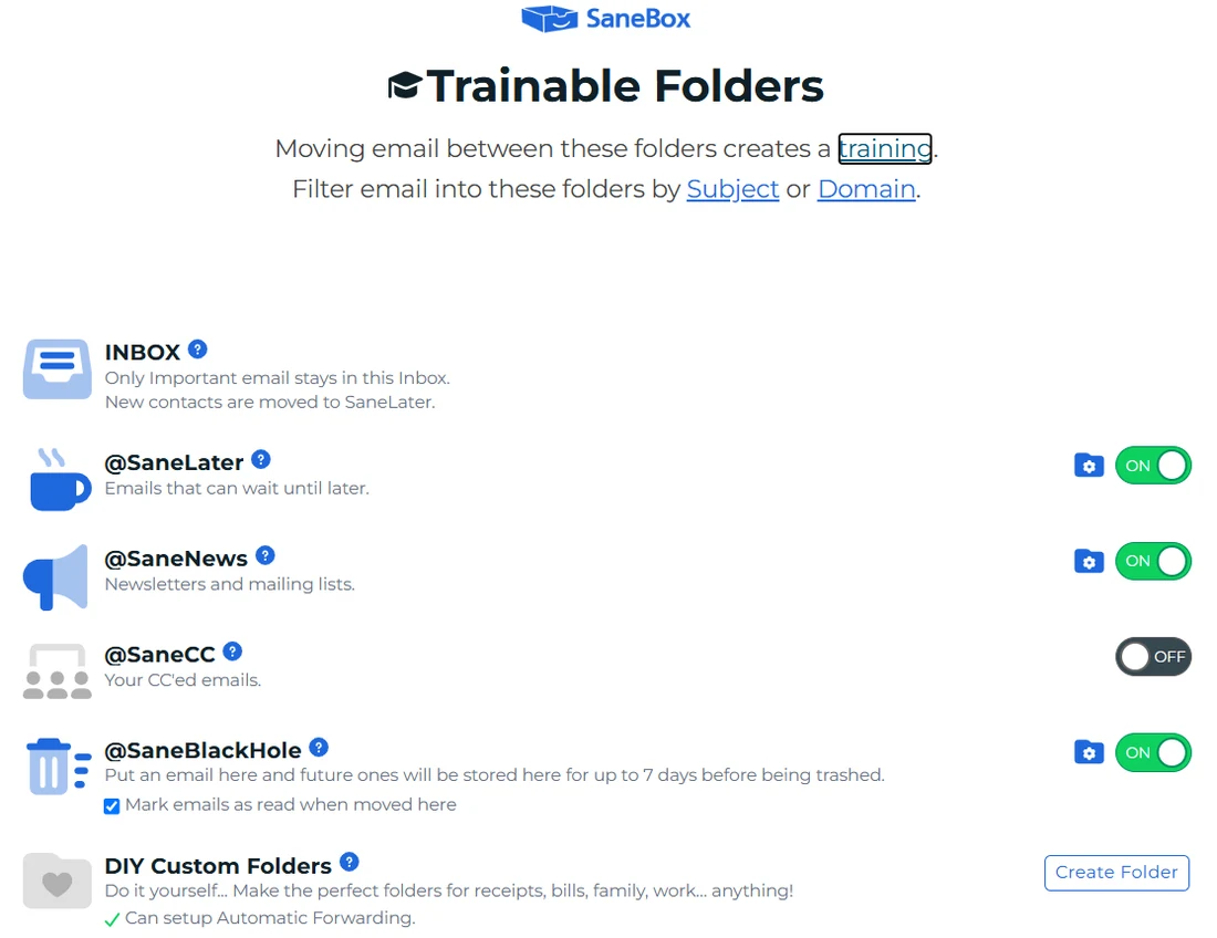 SaneBox review: trainable folders SaneLater, SaneNews, SaneCC, SaneBlackHole and custom folders