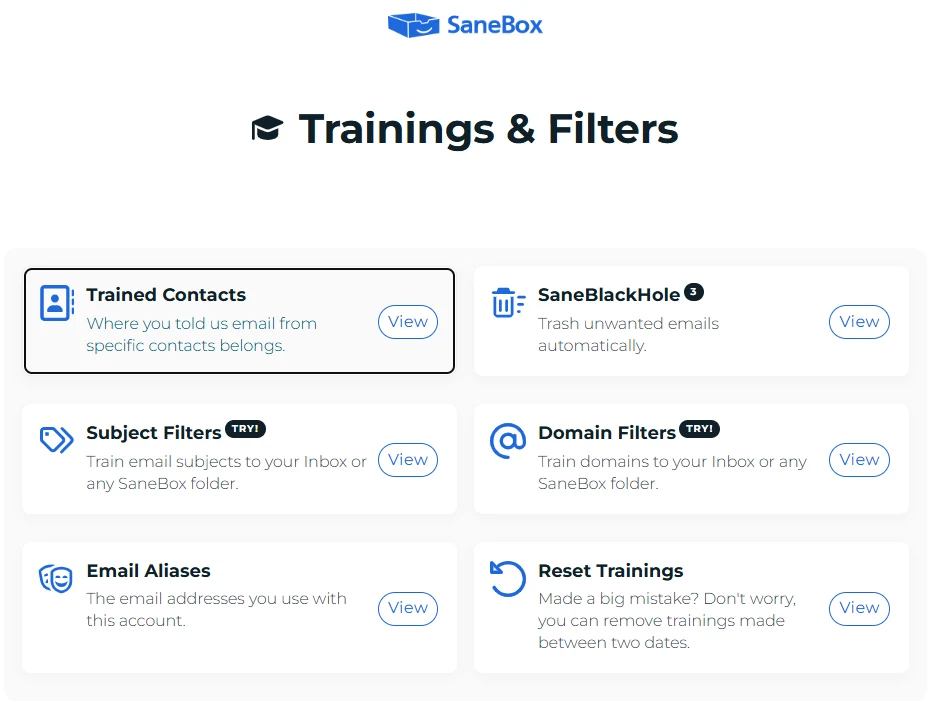 SaneBox review: Trainings and Filters page with Trained Contacts, SaneBlackHole, Subject Filters, Domain Filters, Email Aliases and Reset Trainings