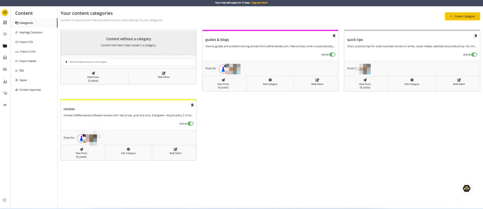 SocialBee review: content categories with post counts, profiles and Bulk Editor