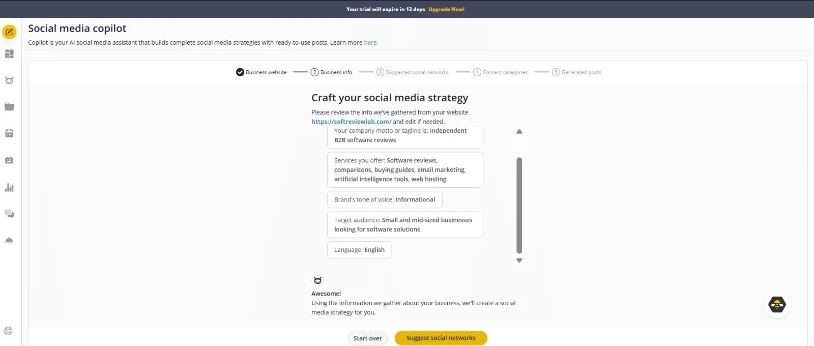SocialBee review: AI Copilot reading a website to fill in tagline, services, tone, audience and language