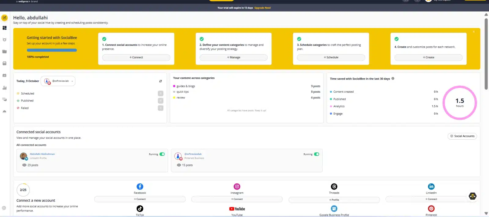 SocialBee review: dashboard with scheduled and published posts, posts per category and connected accounts