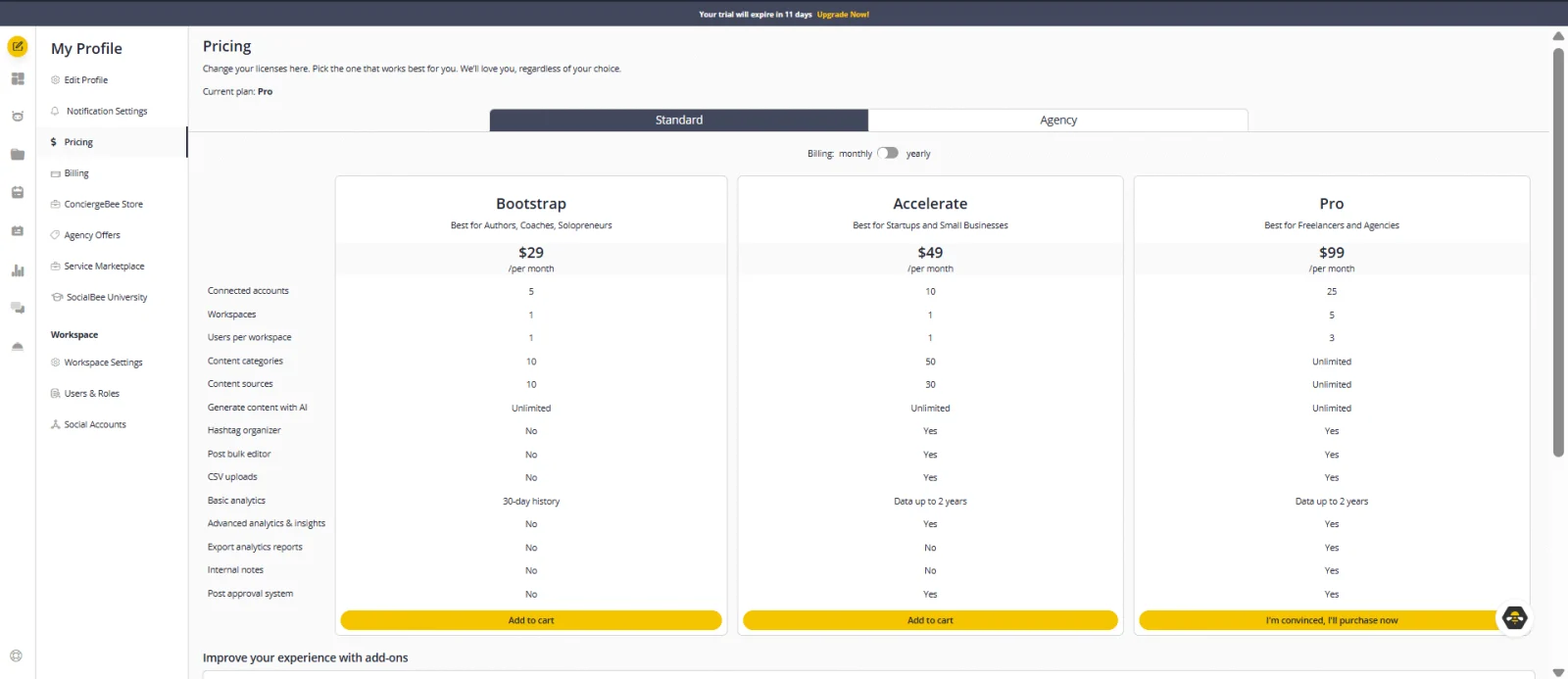 SocialBee review: plan comparison with accounts, categories, users and features per plan