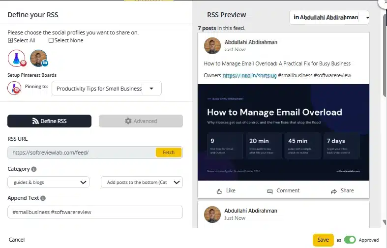 SocialBee review: RSS feed setup that imports website articles into a category