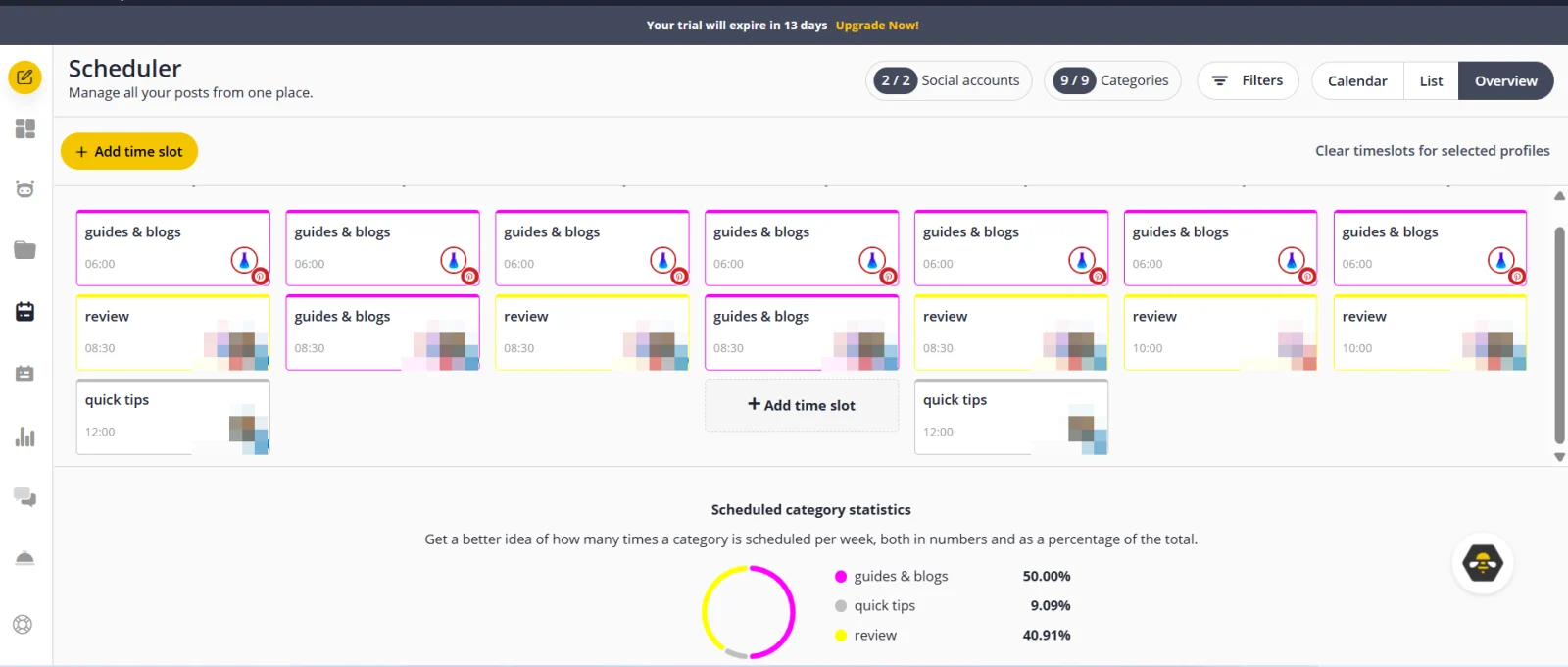 SocialBee review: scheduler with weekly time slots per category